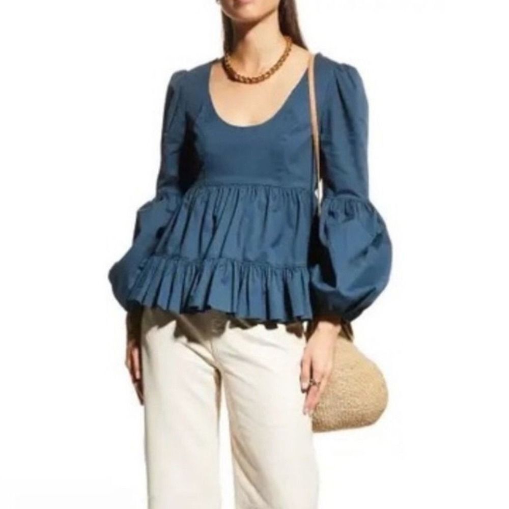 Cinq a Sept Khloe Peplum Top Blue Puff Sleeve Ruffle Tiered Cotton Womens Size S